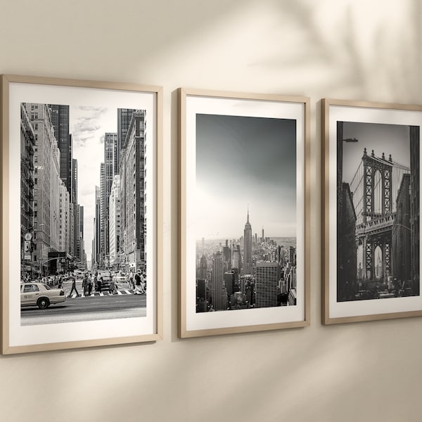 Set of 3 New York City prints, Black and white city photographs, Travel posters, Home Decor, Gift, Wall art, Brooklyn Bridge, NYC skyline