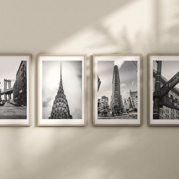 Set of 4 New York City prints, DIGITAL DOWNLOAD. Black and white tavel photograph, Wall art, Broadway, Flatiron,  Brooklyn Bridge, Chrysler