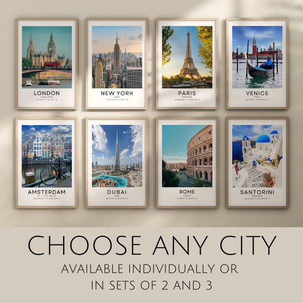 CUSTOM Set of 3 City prints, Colour travel posters, ANY city, state or country, Personlised wall art, Home decor, Landmarks, Location prints