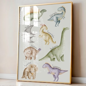 Póster de dinosaurio, impresión para dormitorio infantil, arte de pared para dormitorio infantil, decoración de pared para guardería, obra de arte colorida para sala de juegos, regalo para bebé de género neutro