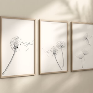 Set of 3 Dandelion bathroom black and white prints Bedroom prints Floral posters Neutral wall art Botanical Home decor Wall art Gift