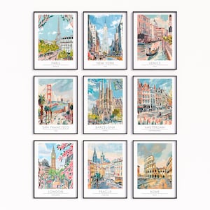 Watercolour travel prints, 118 LOCATIONS AVAILABLE, city posters, Home decor, Travel wall art, Cities collection, World landmarks & places