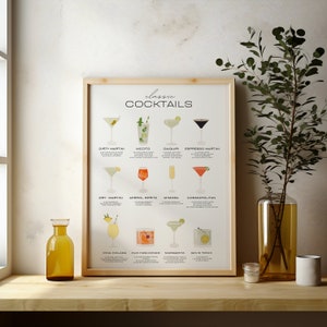 Classic Cocktail List print, Drinks prints, Wall art, Bar poster, Cocktail recipe, Cocktail lover gift, Mixology artwork, Kitchen posters