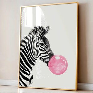 Póster de cebra, Impresión para dormitorio infantil, Pósteres para dormitorio infantil, Arte mural para guardería, Póster para sala de juegos, Impresión de globo rosa, Póster de animal bebé