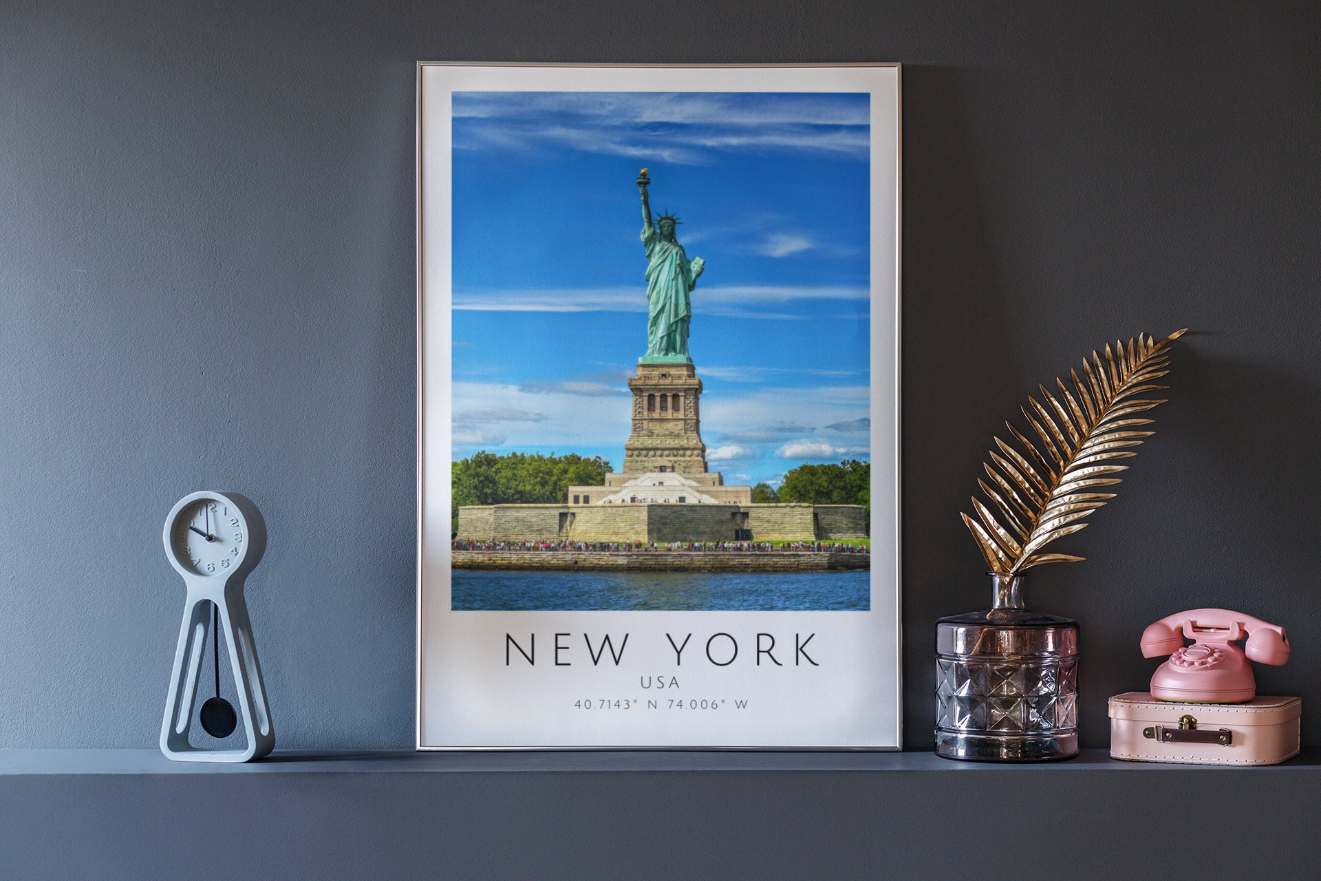 Wandbild Freiheitsstatue New York – Aquarell Auf Leinwand, Eichenholzrahmen 40,6 X 50,8 Cm, Modernes Wanddekor In Beige-Blau