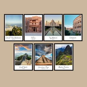 Set di 7 stampe di meraviglie moderne del mondo, stampe di città a colori, stampe di viaggio, poster di città, arte murale, decorazioni per la casa, stampe di monumenti, regalo