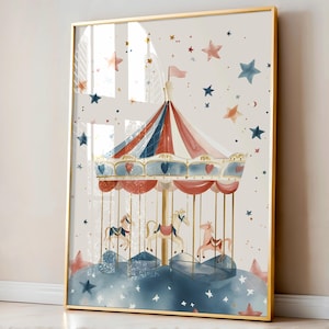 Lámina de feria, Lámina para dormitorio infantil, Póster para dormitorio infantil, Arte mural para guardería, Decoración de pared colorida para sala de juegos, Lámina de tiovivo, Regalo