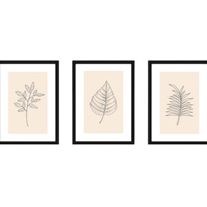 Set of 3 Botanical posters, Neutral wall art, Bathroom prints, Bedroom artwork, Leaf poster, Contemporary home decor, Monochrome wall art