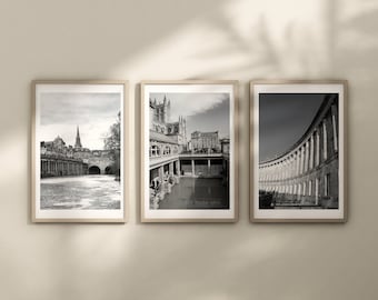 Lot de 3 impressions de bain, estampes de villes britanniques, photographies d'Angleterre en noir et blanc, affiches de voyage, décoration d'intérieur, art mural, art emblématique, destinations