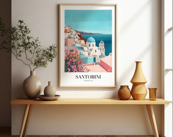 Santorini retro style travel poster