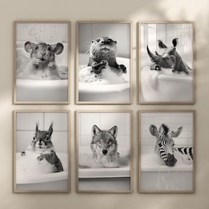 Impresiones de animales en el baño, carteles divertidos para el baño, fotografías en blanco y negro, impresiones para la bañera, decoración del hogar, arte de pared, arte neutro, regalo
