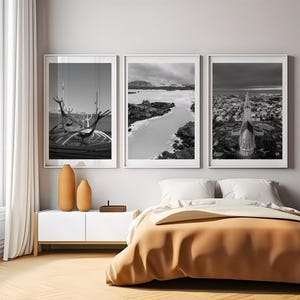 Set di 3 stampe di Reykjavik, stampe dell'Islanda, stampe della città, poster di viaggio, Hallgrimskirkja, Blue Lagoon e Sun Voyager, arte murale, bianco e nero