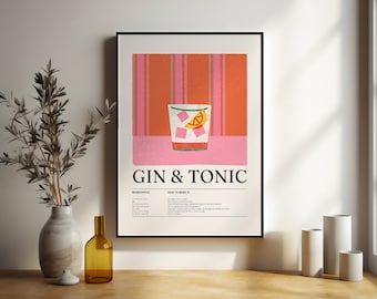 Impresión de gin tonic, impresión de cócteles, impresiones de bebidas, arte mural, póster de bar, receta de cóctel, regalo para amantes de los cócteles