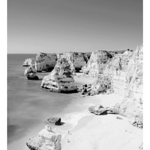 Pode incluir: Uma fotografia a preto e branco de uma praia rochosa com penhascos brancos e um pequeno p&aacute;ssaro a voar por cima.