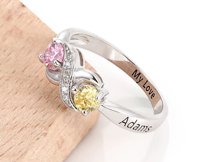 Custom Personalized 925 Sterling Silver Infinity Couples Ring Band with 2 Birthstones