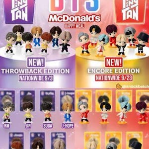 May include: Promotional image for BTS Tiny Tan McDonald's Happy Meal toys. The image features two sets of figurines, the Throwback Edition and the Encore Edition. Each set has seven figures, with the names of each member displayed.
