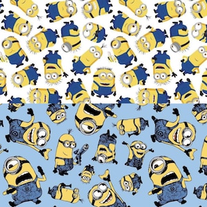 May include: A repeating pattern featuring yellow Minion characters in various poses, wearing blue overalls, set against a white and light blue background. The Minions have large eyes and expressive faces, creating a playful and cartoonish design.