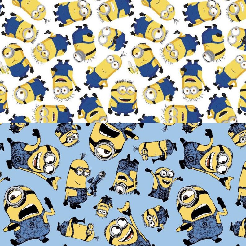 May include: A repeating pattern featuring yellow Minion characters in various poses, wearing blue overalls, set against a white and light blue background. The Minions have large eyes and expressive faces, creating a playful and cartoonish design.