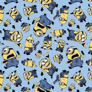 May include: A repeating pattern of yellow Minions in various poses on a light blue background. The Minions wear blue overalls and have black gloves and shoes. Some are holding weapons. The design is suitable for fabric or wallpaper.