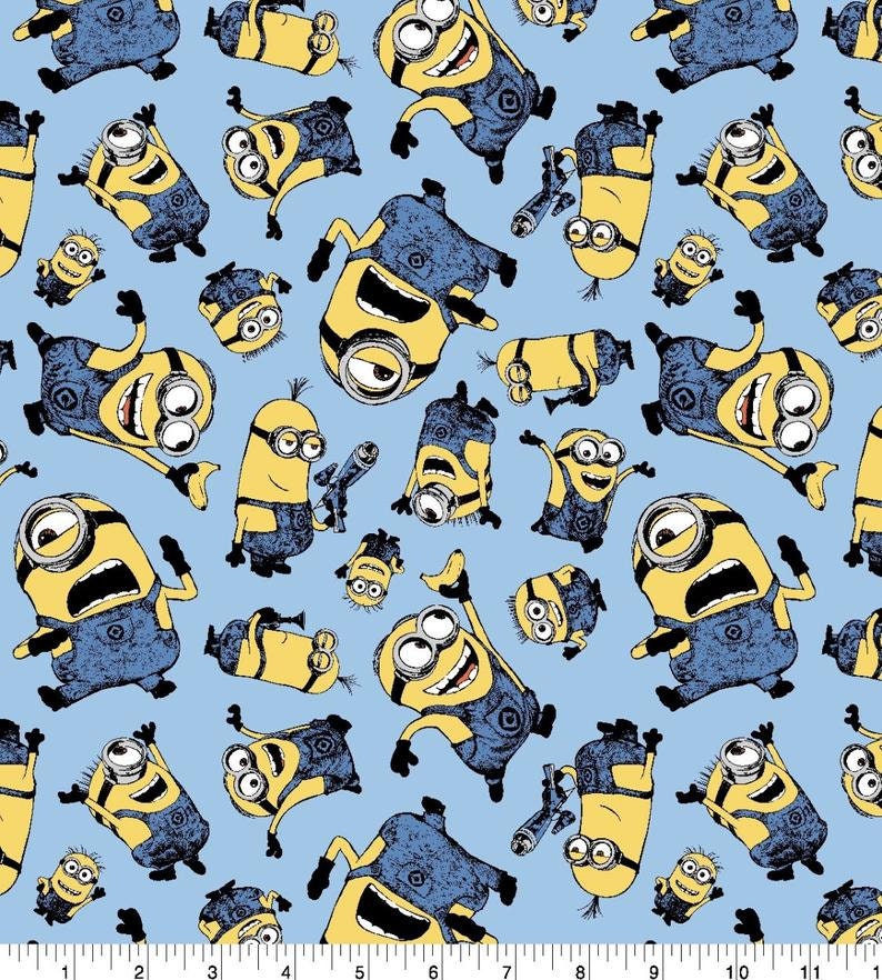 May include: A repeating pattern of yellow Minions in various poses on a light blue background. The Minions wear blue overalls and have black gloves and shoes. Some are holding weapons. The design is suitable for fabric or wallpaper.