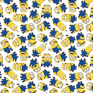 May include: White fabric featuring a repeating pattern of yellow Minion characters in various poses. The Minions wear blue overalls and have large eyes. Some hold bananas. The design is suitable for children's apparel or craft projects.