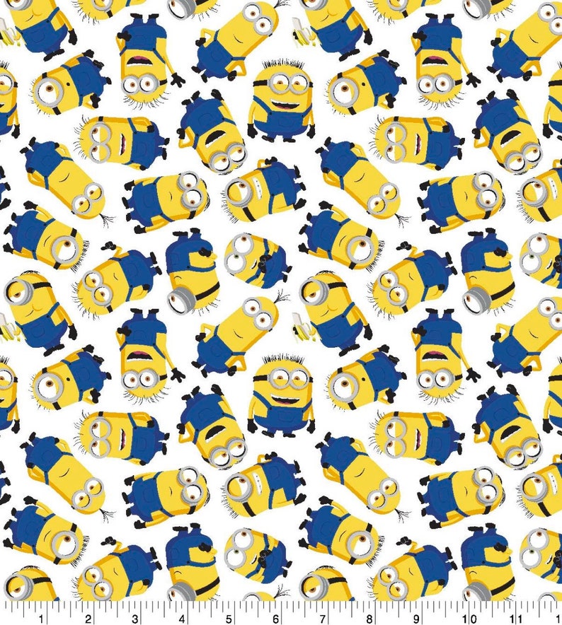 May include: White fabric featuring a repeating pattern of yellow Minion characters in various poses. The Minions wear blue overalls and have large eyes. Some hold bananas. The design is suitable for children's apparel or craft projects.