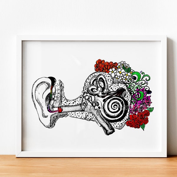 Original Audiology Art Print, Hearing art, hearing aid, floral art, aural rehabilitation, JKassieArt