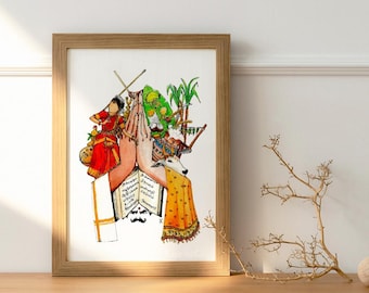 May include: A colorful illustration of a woman in a red and green dress, a book, a deer, a parrot, and a sugarcane plant. The illustration is framed in a light wood frame.