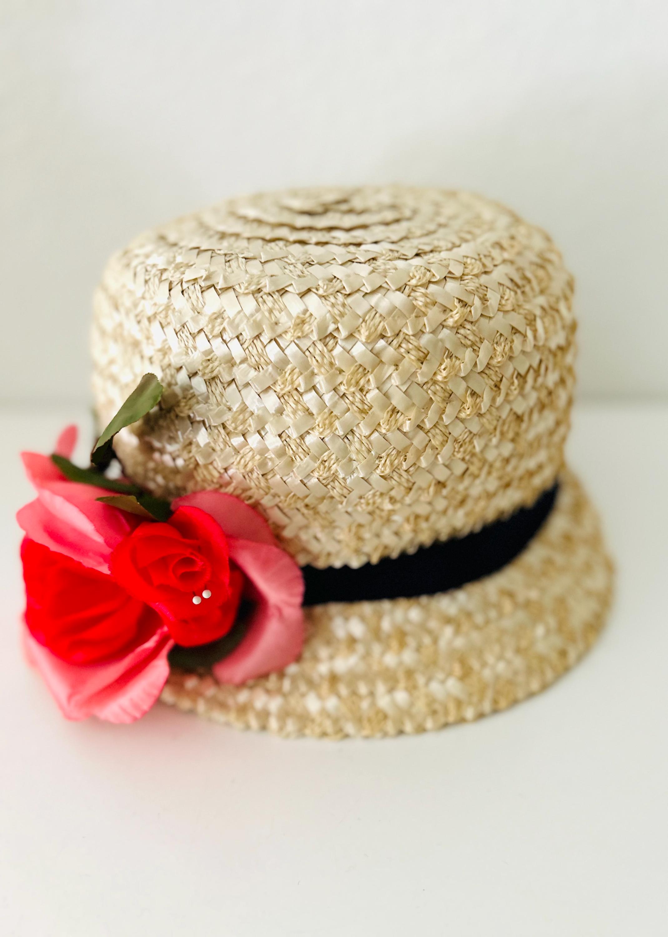 Vintage Straw Bucket Hat-pink Rose Accent-black Grosgrain  display picture 1
