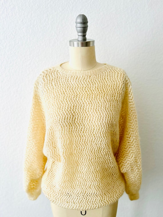 Vintage Handknit Cream Sweater-Chevron Mesh Knit-B