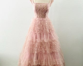 Dusty Pink Tulle dress/Gorgeous Ruffle Tiered Dress/Prom Princess tulle gown/Size S