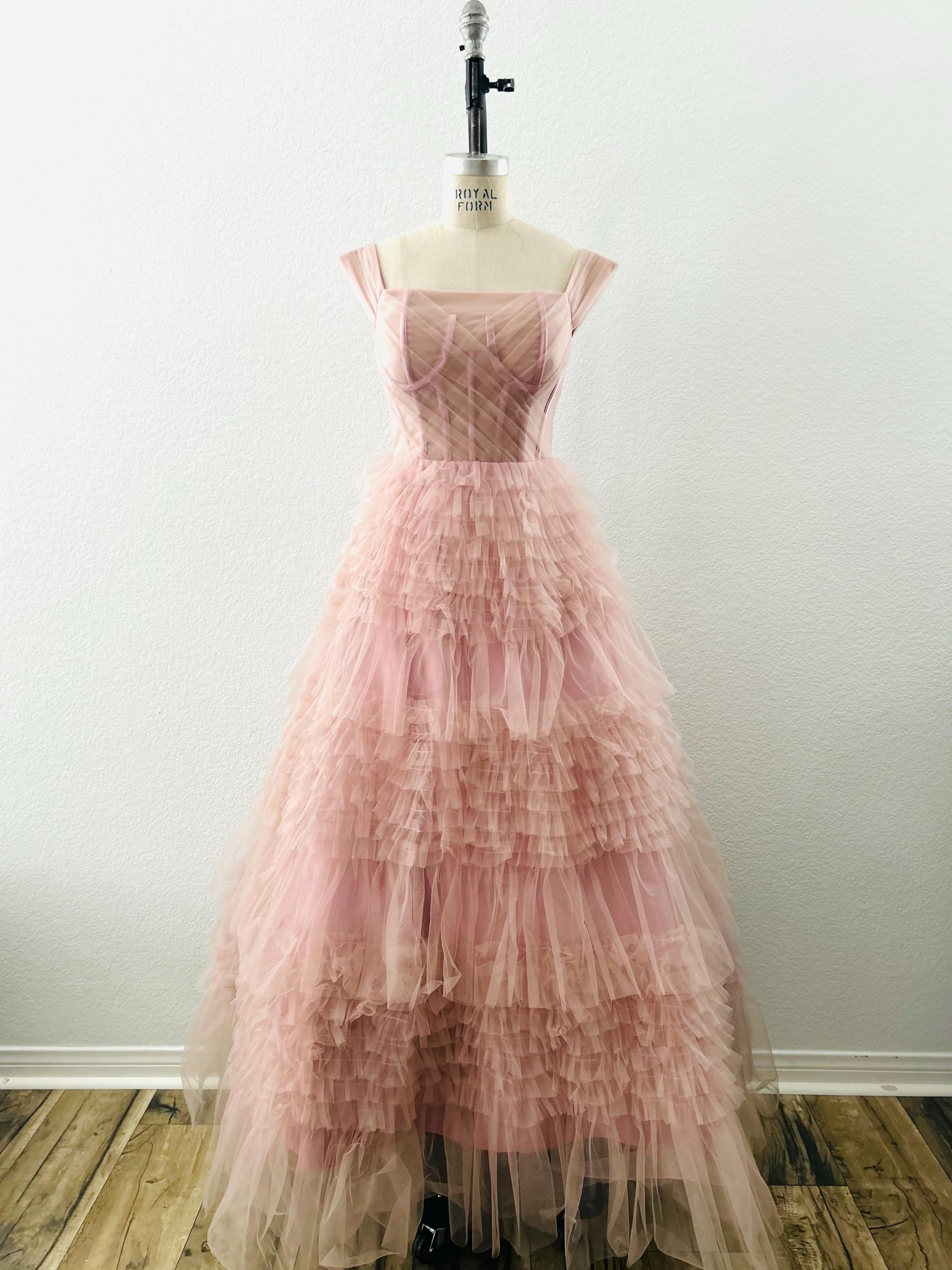 open lace back dress Romantic Light Pink A-line Tulle Prom Dress,Light Pink Princess Dress –  Simplepromdress main image 1