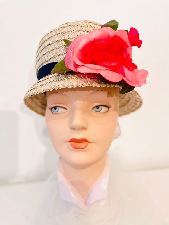 Vintage Straw Bucket HatPink Rose accentBlack grosg… Gem