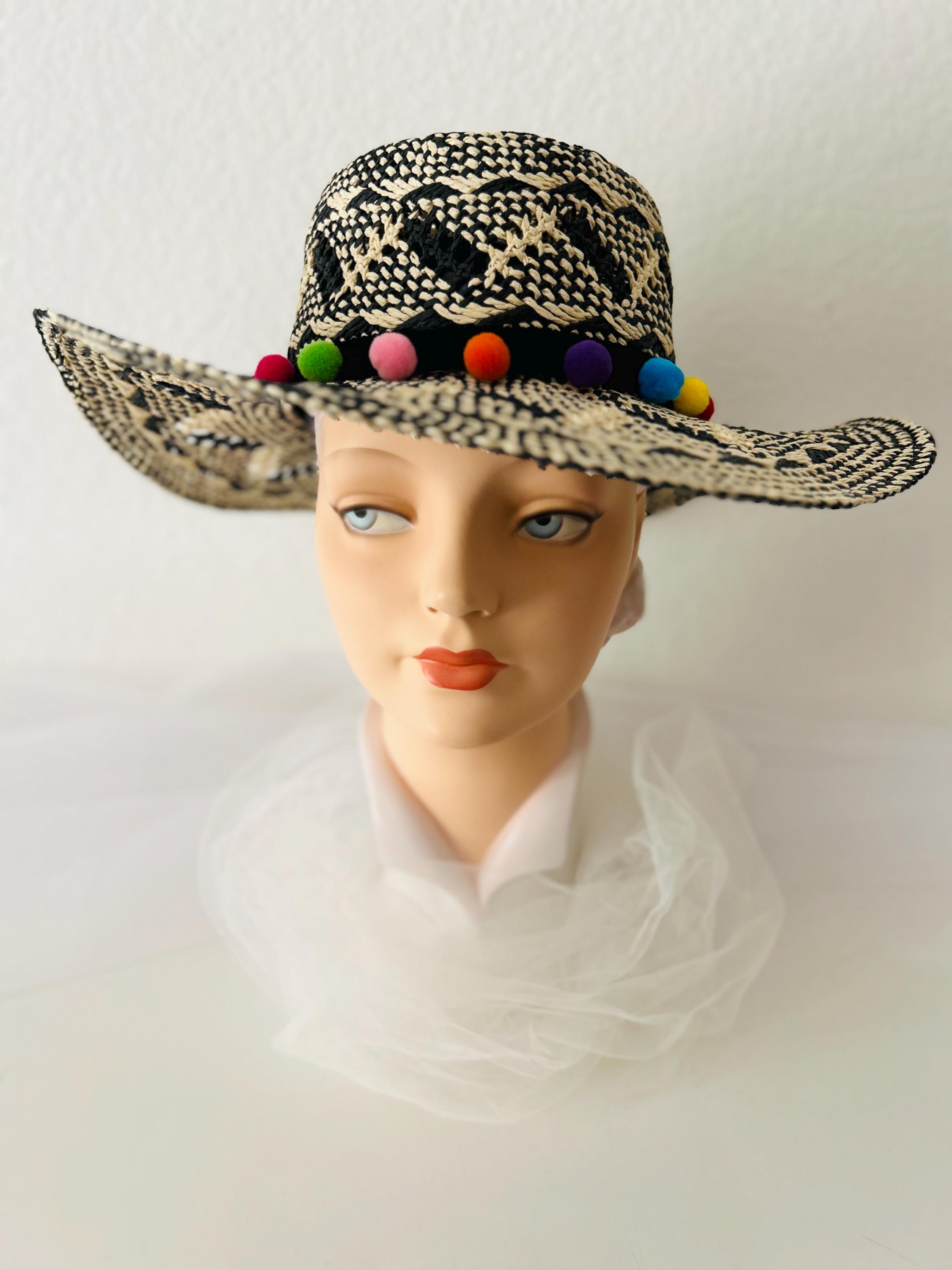 Pom Pom Straw Hat - Etsy