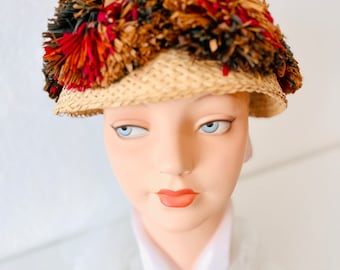 50s Adorable Vintage Straw Hat with Multicolor Pom Pom accents-Unique bucket straw topper-one of a kind