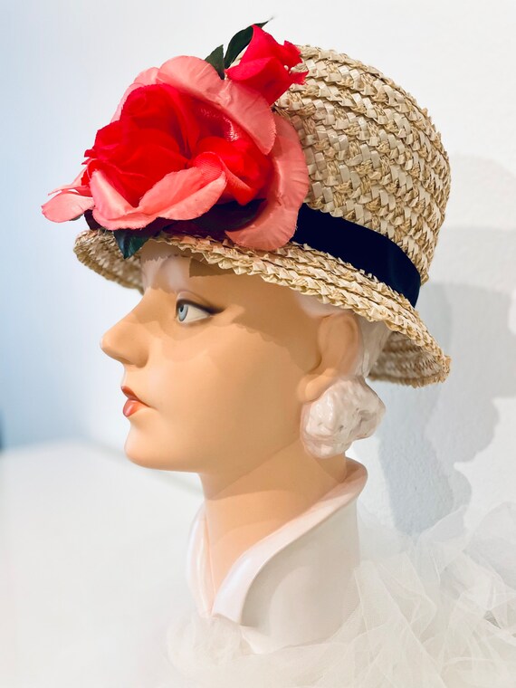 Vintage Straw Bucket HatPink Rose accentBlack grosg… Gem