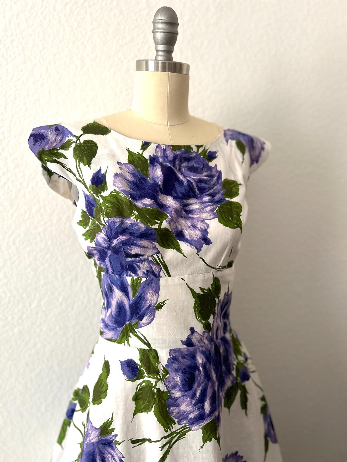 1950s Purple Rose Print Dress by Pat Premo | XS/S