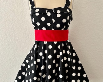 1990s Rockabilly Polka Dot Cotton Dress: Red Sash, Size S