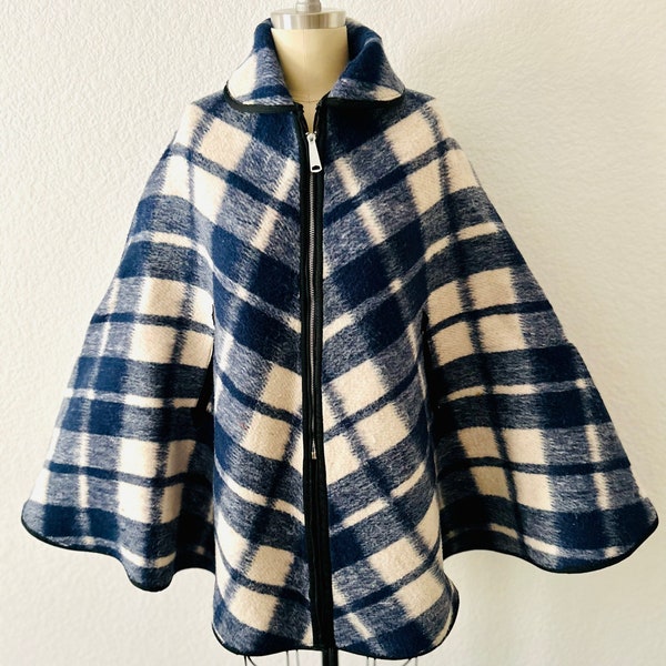 1950s Vintage Navy Plaid wool cape-Reversible Red Plaid-Front Zipper with 2 Welted side slits for sleeves-Wool Blanket Cape