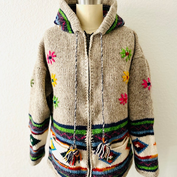 Vintage Peruvian Wool Knit Hooded Sweater-Diamond Floral knit with Huge Elf pointed Hood-Pom Pom Tassel-knit in Rainbow colors