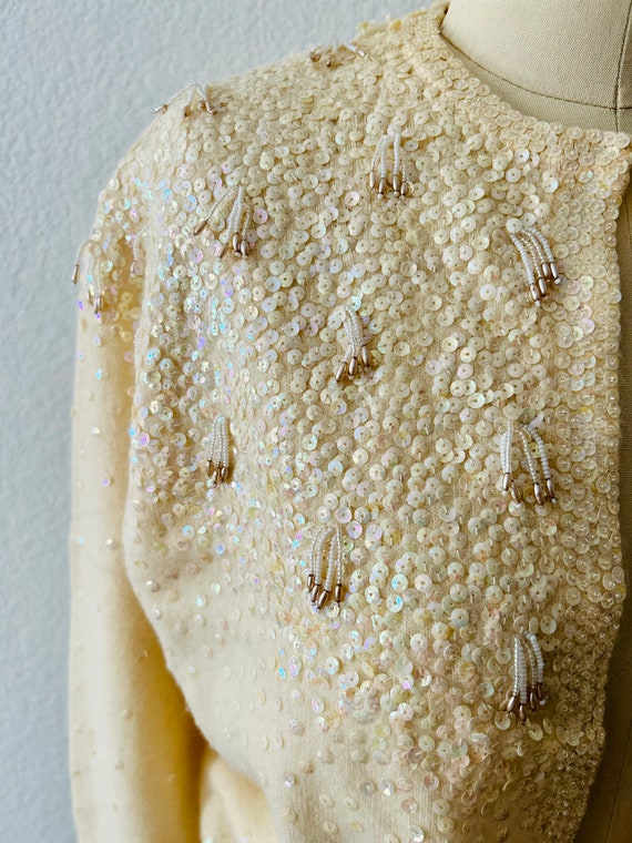 1950s Vintage Angora Beaded Cardigan-Chantilly Cr… - image 3