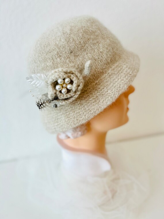 Gorgeous angora cloche hat handmade with feather and pearl accent Etsy