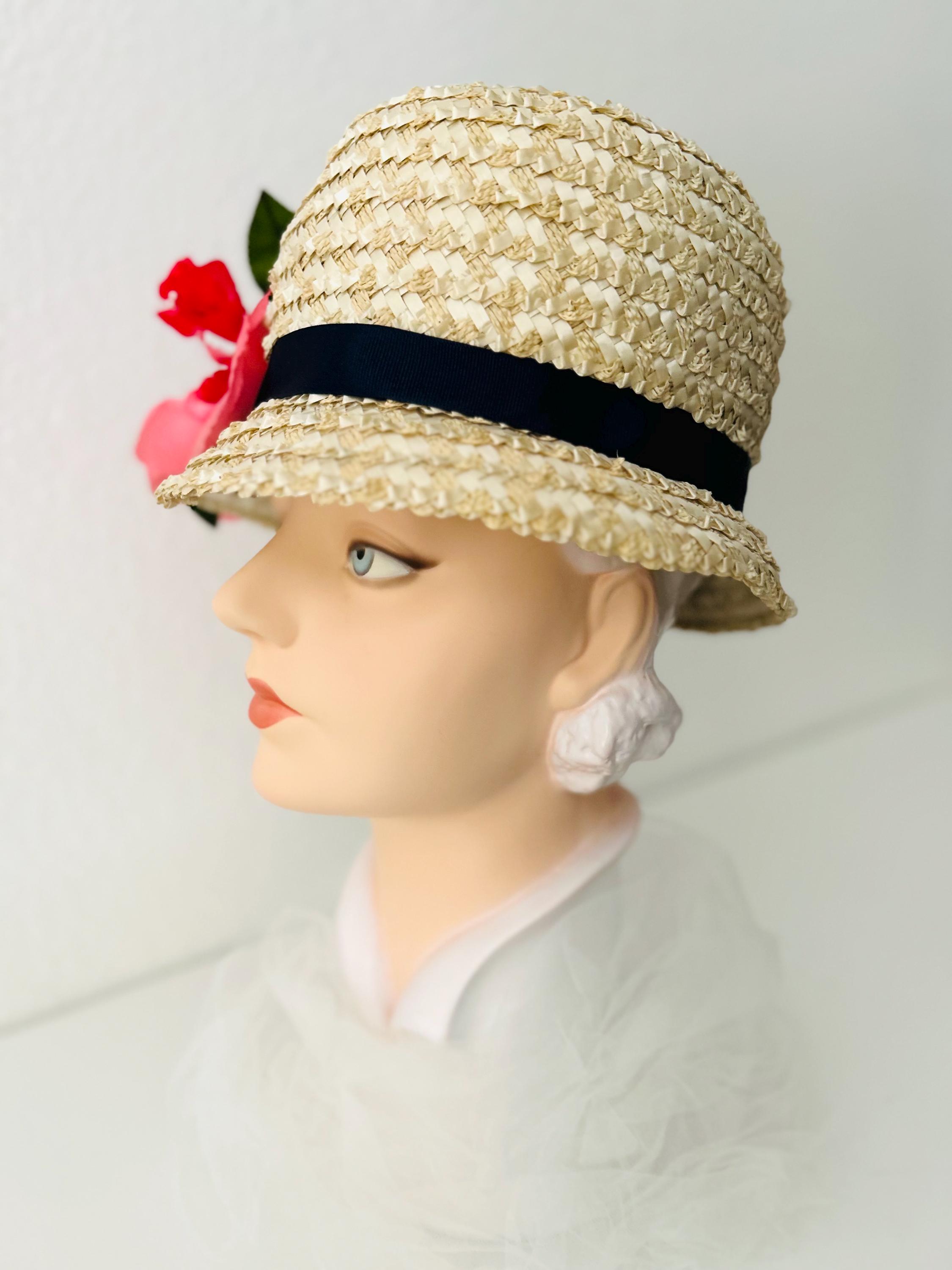 Vintage Straw Hat With Bright Pink Floral Bouquet & Black Grosgrain Ribbon Back in stock — the COLETTE boater hat This timeless piece  main image 4