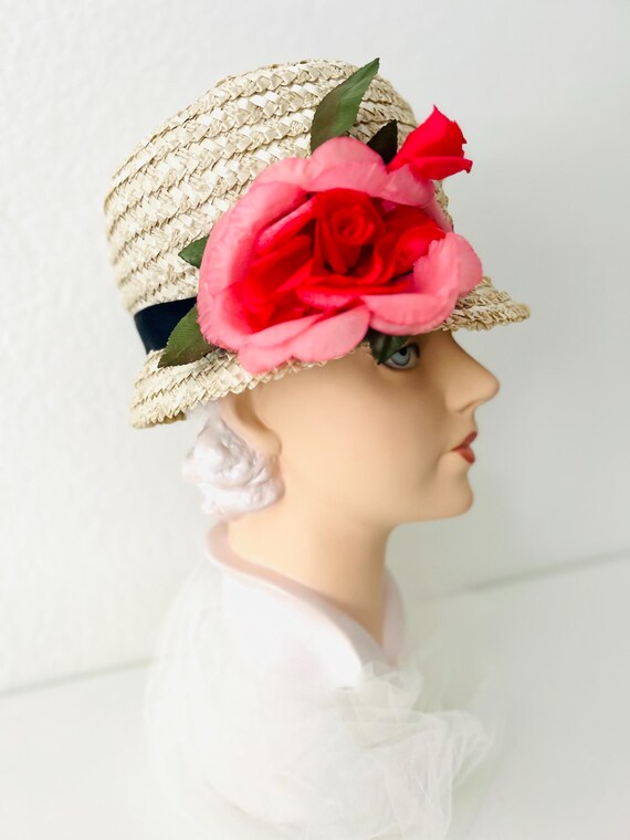 Vintage Straw Bucket Hat-pink Rose Accent-black Grosgrain  display picture 2