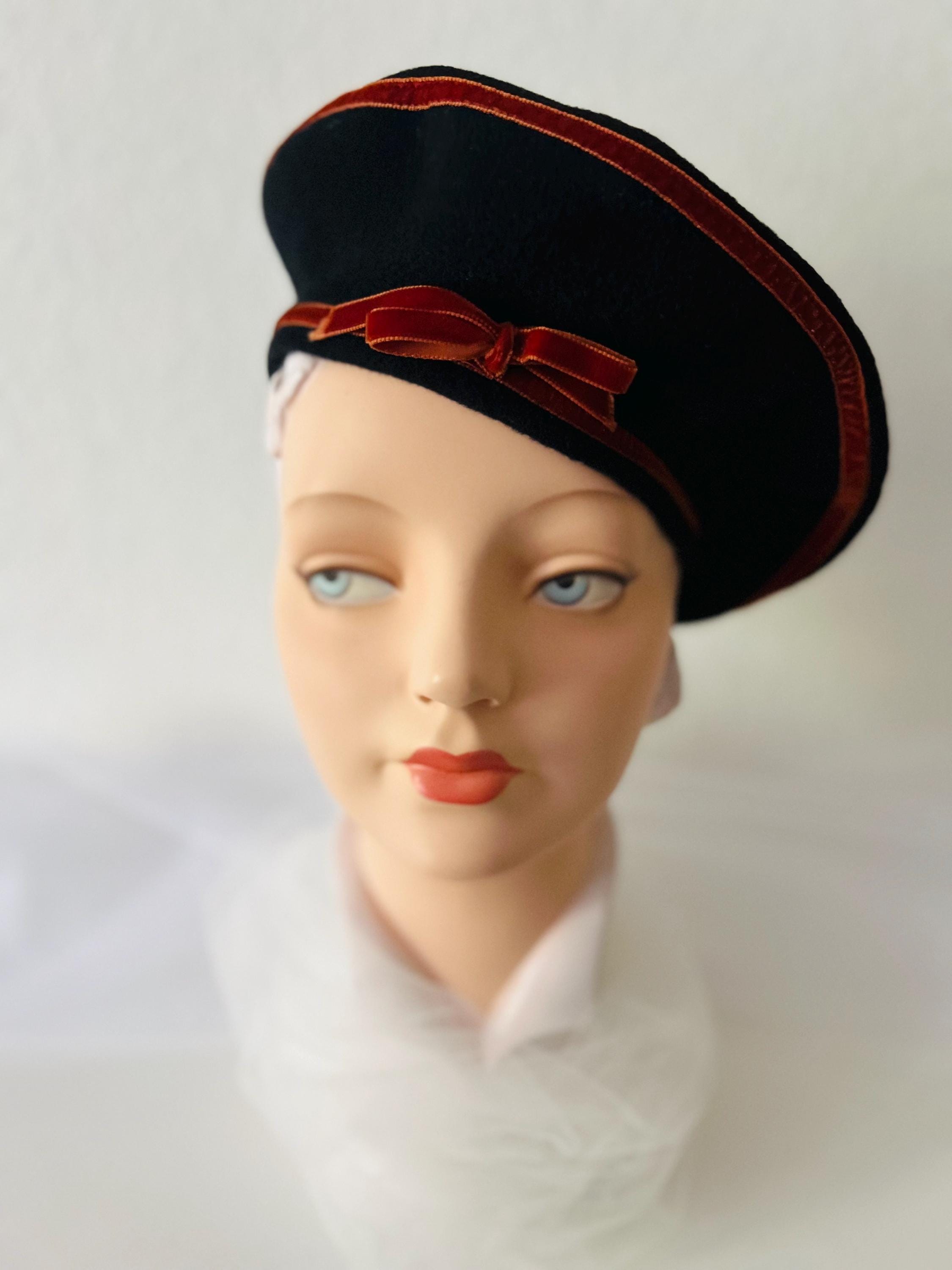 Vintage Gap Red Wool Beret Hat Black Grosgrain Ribbon Bow Trim French Style Vintage French Black Wool Beret/faded Red Velvet Trim W  main image 3