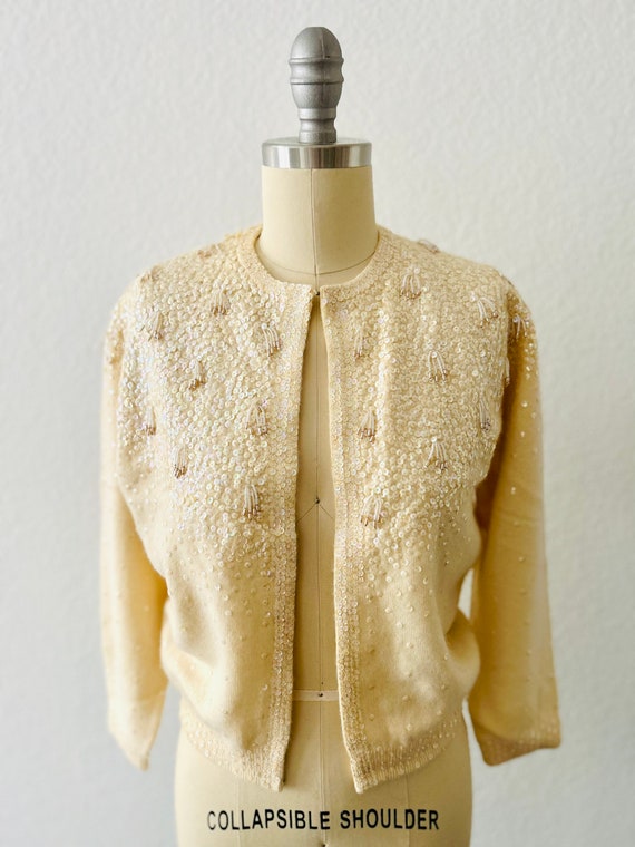 1950s Vintage Angora Beaded Cardigan-Chantilly Cr… - image 1