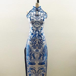 oriental blue dress Chinese Traditional Qipao Dress Women Silk Satin Cheongsam Navy Blue Party Gown