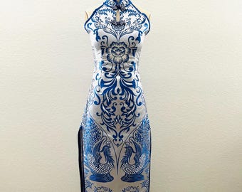 Chinoiserie Porcelain Blue Evening Gown/Elegant Cheongsam dress/In The Mood For Love Dress/Size XS