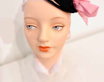 Vintage 1940s Black Wired Fascinator with Pink Bow-Made by Gage Brothers & Co(since 1856)-Chicago-New York