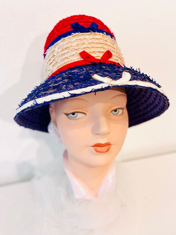1960s Straw Bucket HatRed, White and Blue fringed vi… Gem